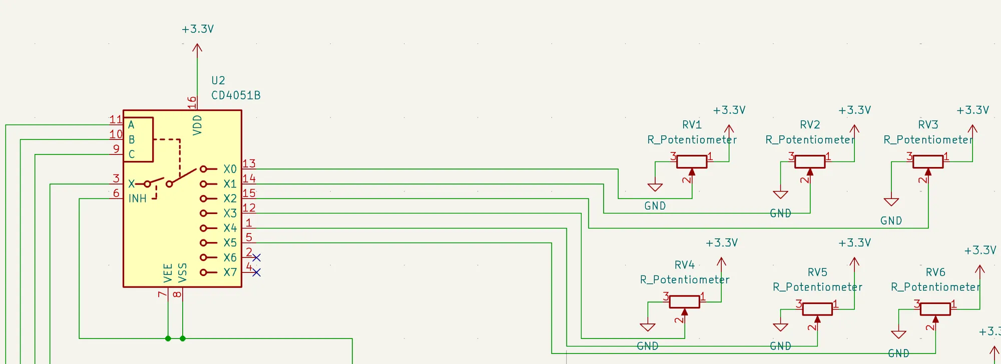 KiCad schematic showing 6 potentiometers connected to a multiplexer chip