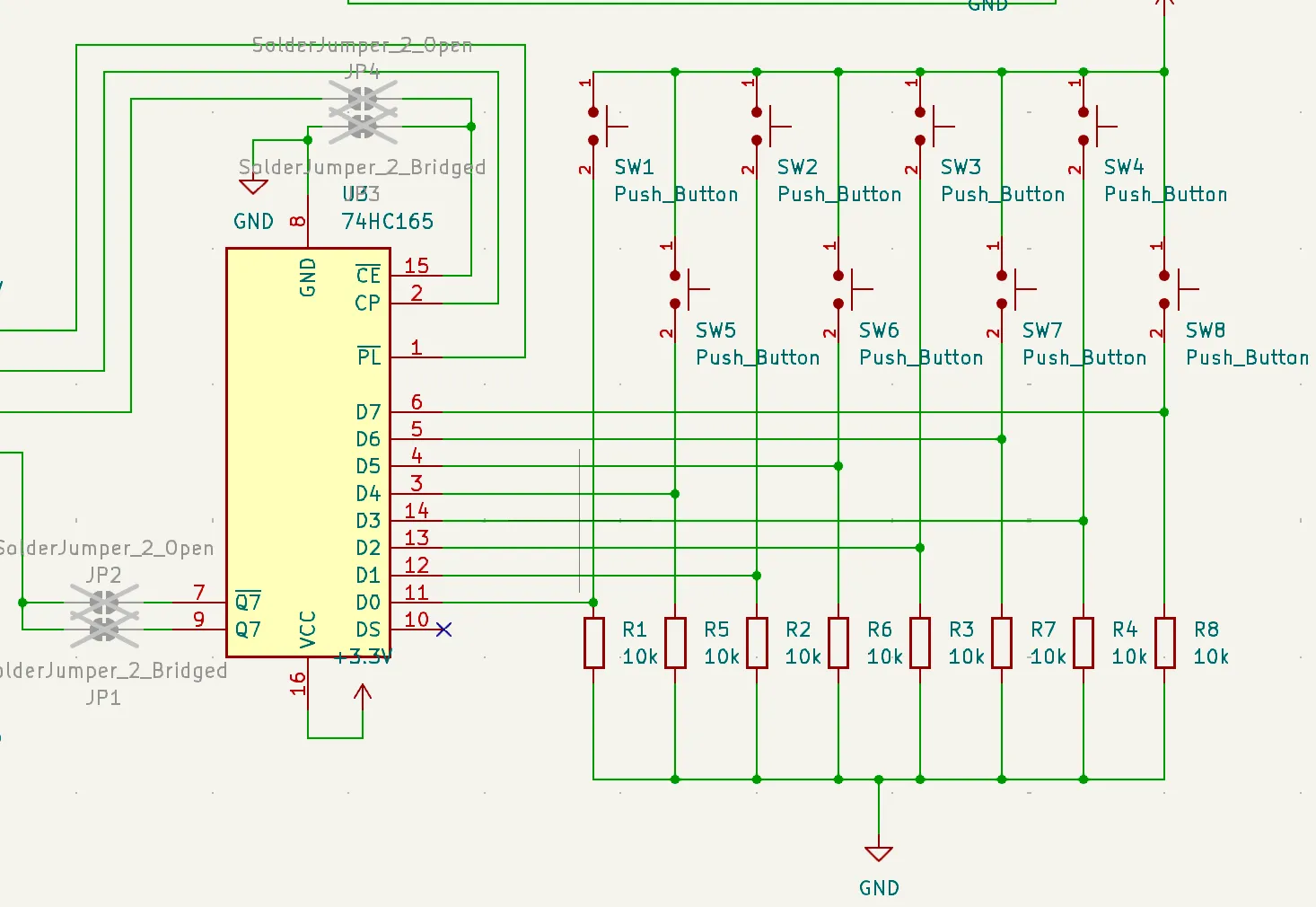 KiCad schematic showing 8 buttons connected to a shift register chip