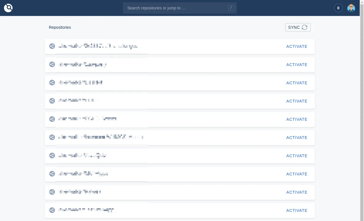 Drone Homepage with list of repositories