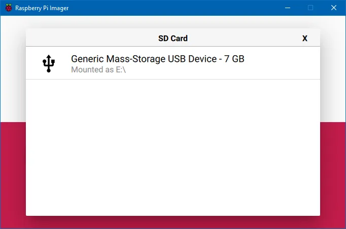 Raspberry Pi Imager SD Card Selection