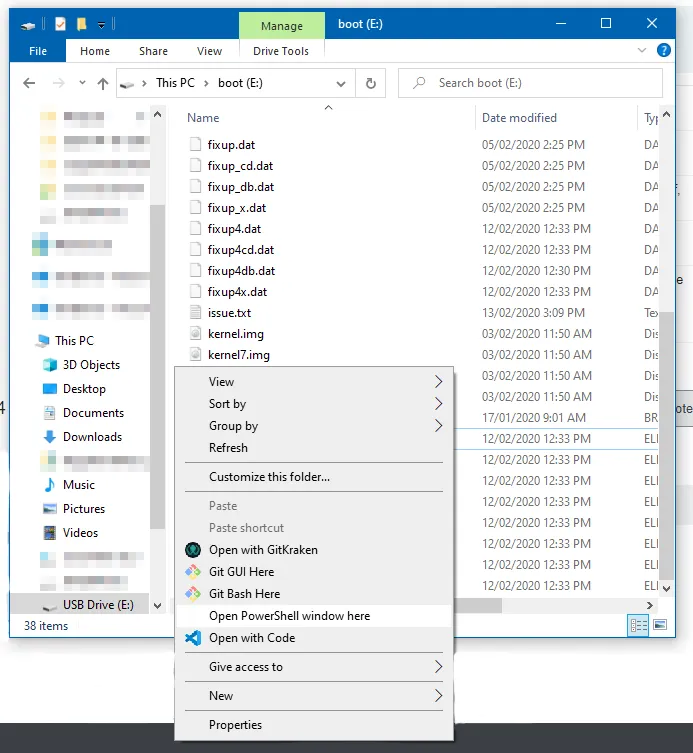 Selecting 'Open PowerShell window here' on the 'boot' drive