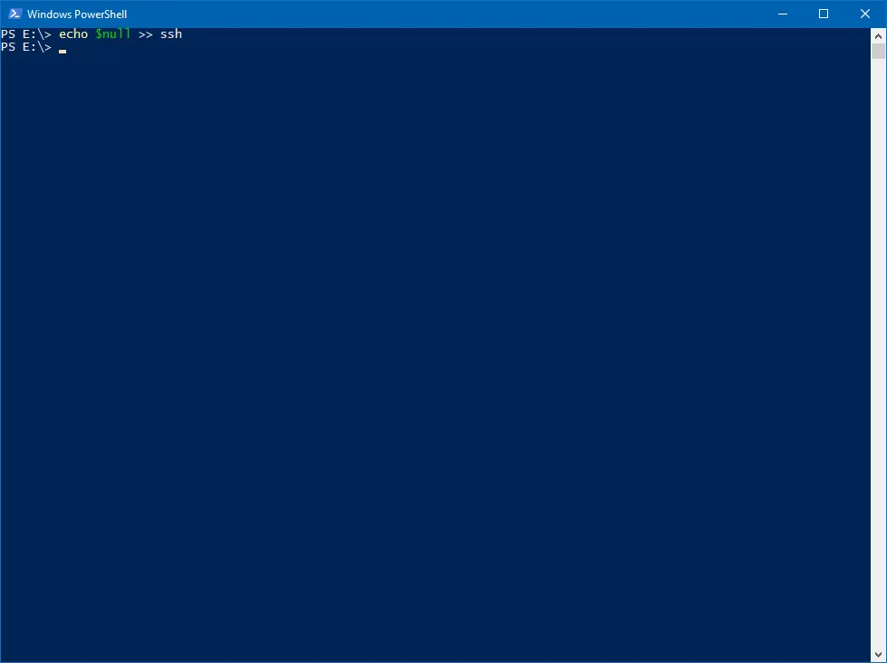 PowerShell window with the command to create a new blank file called &#x27;ssh&#x27;