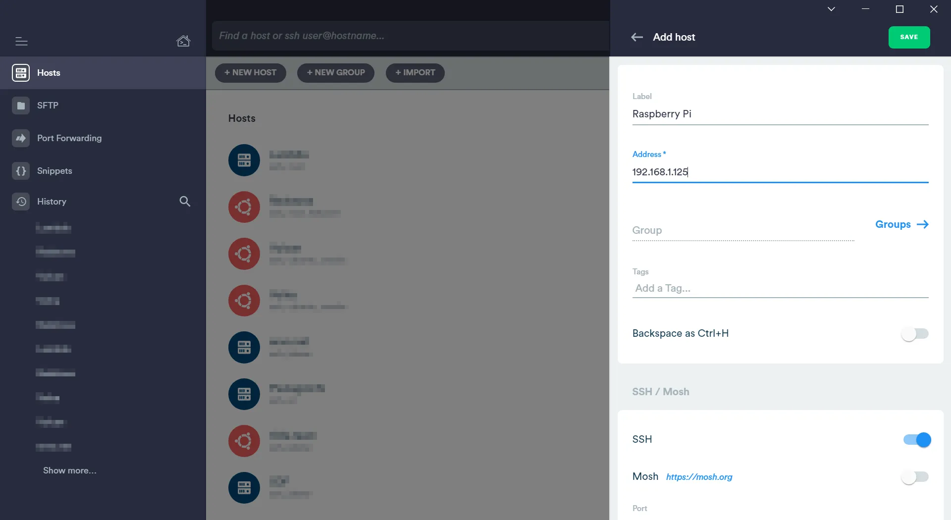 Adding a new host for the Raspberry Pi in Termius