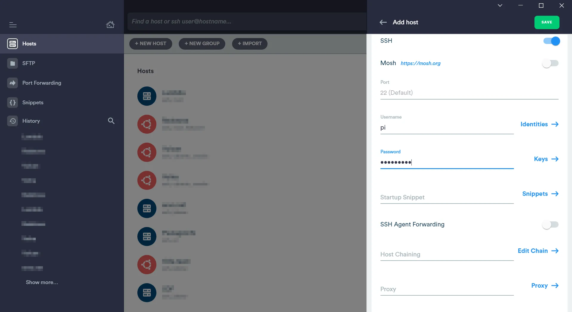 Setting the username and password for the new host in Termius