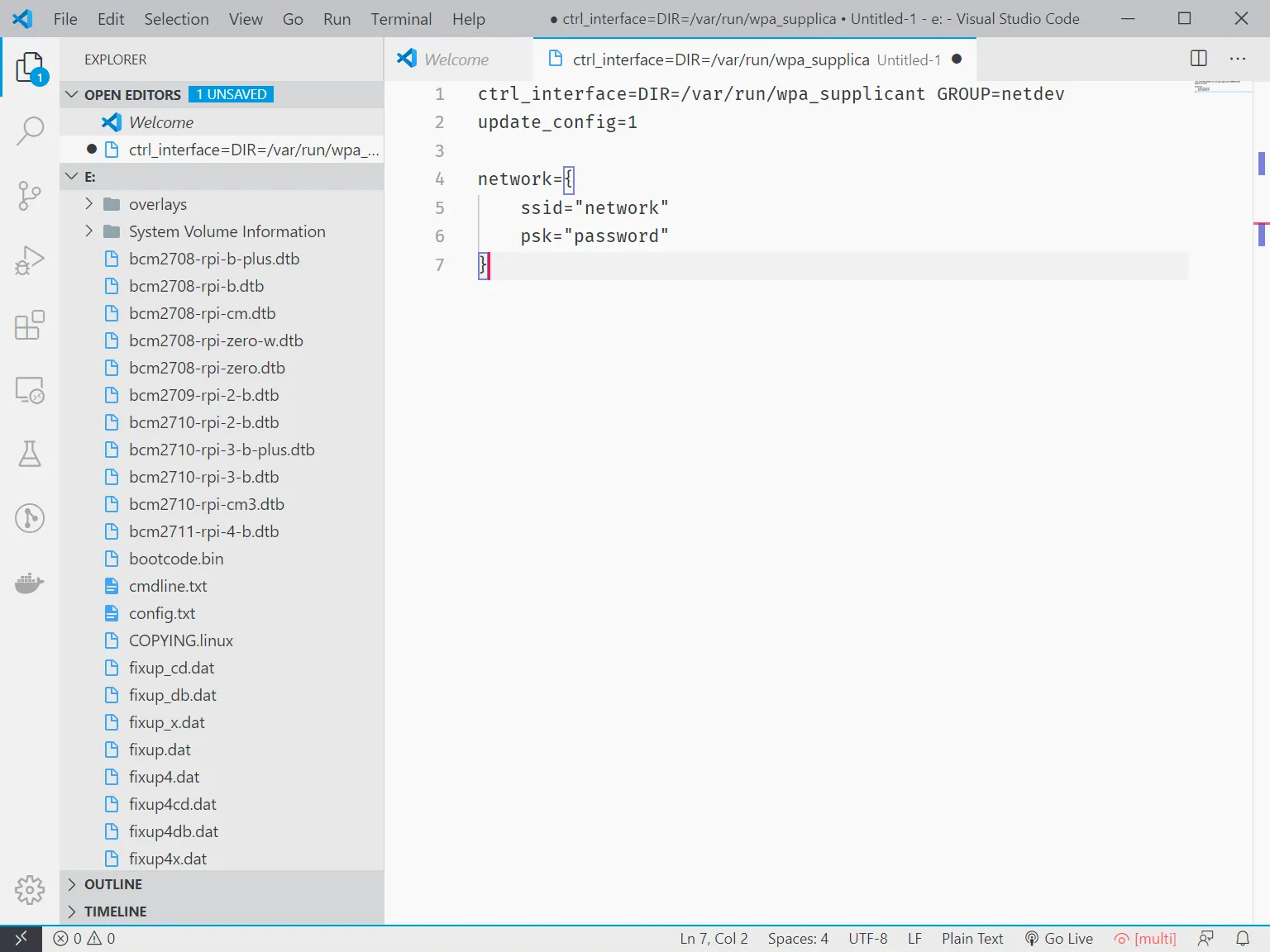 Visual Studio Code with &#x27;wpa_supplicant.conf&#x27; open