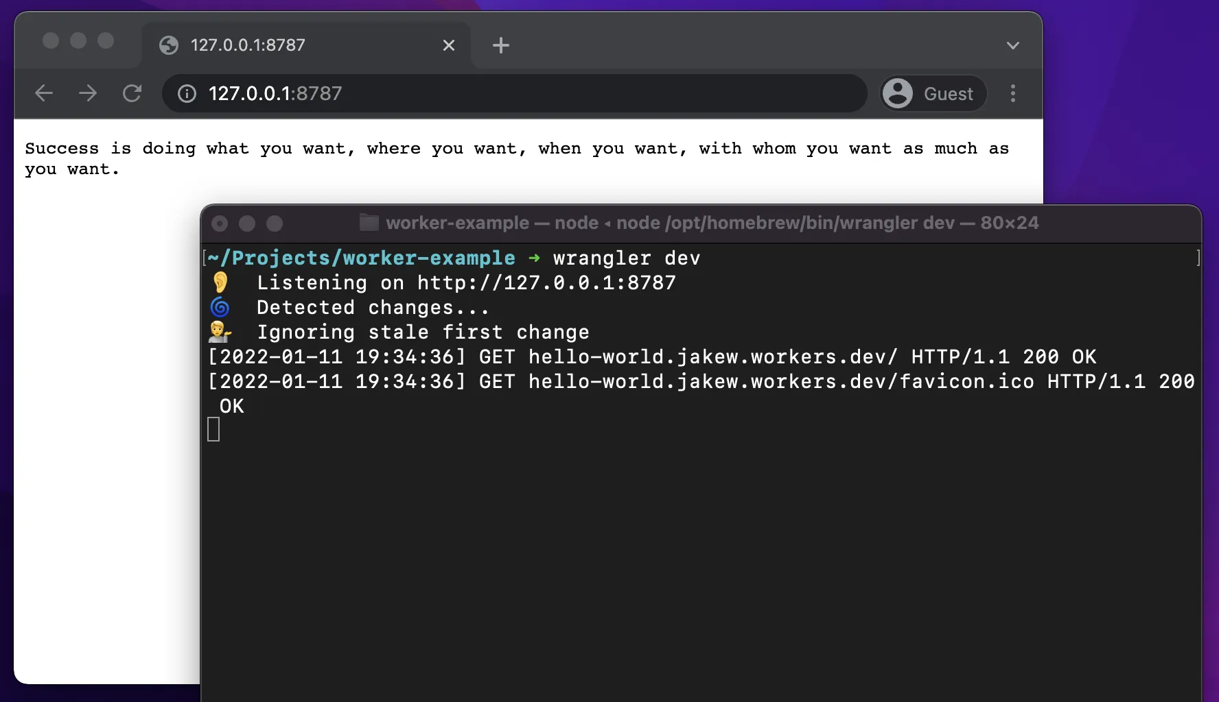 Wrangler dev command with web browser showing a quote