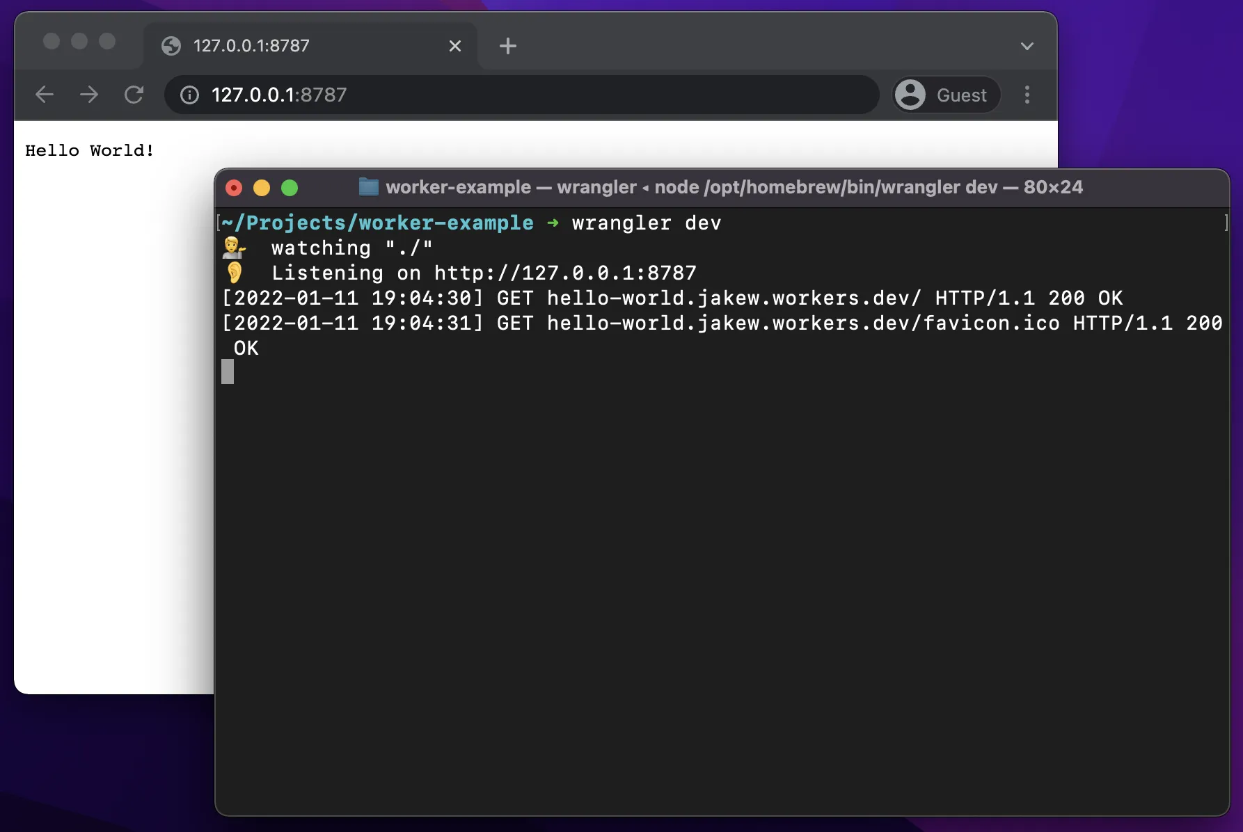 Wrangler Dev command output and web browser