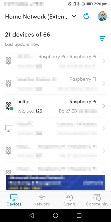 Screenshot of Fing showing the new Raspberry Pi