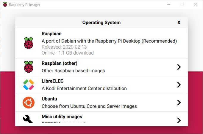 Raspberry Pi Imager Operating System Selection