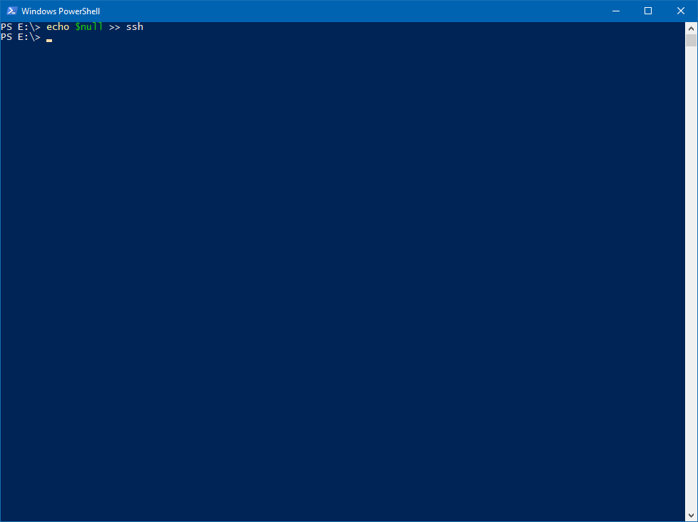 PowerShell window with the command to create a new blank file called 'ssh'