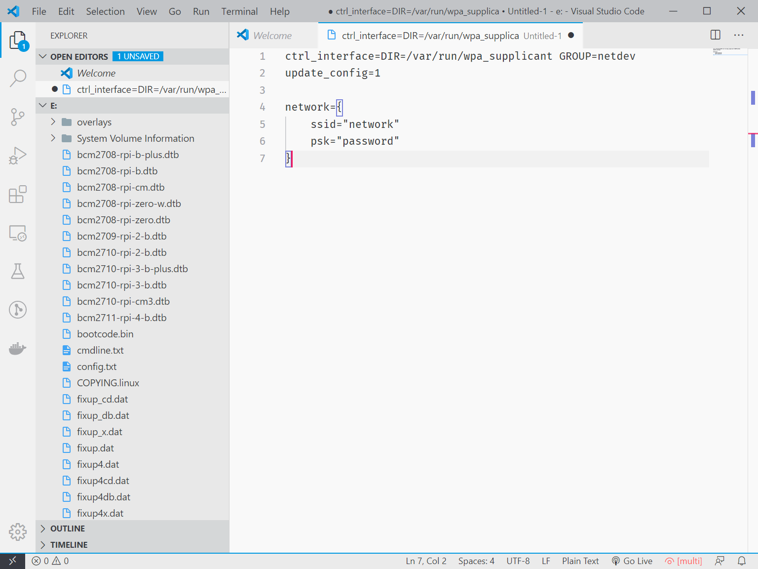 Visual Studio Code with 'wpa_supplicant.conf' open